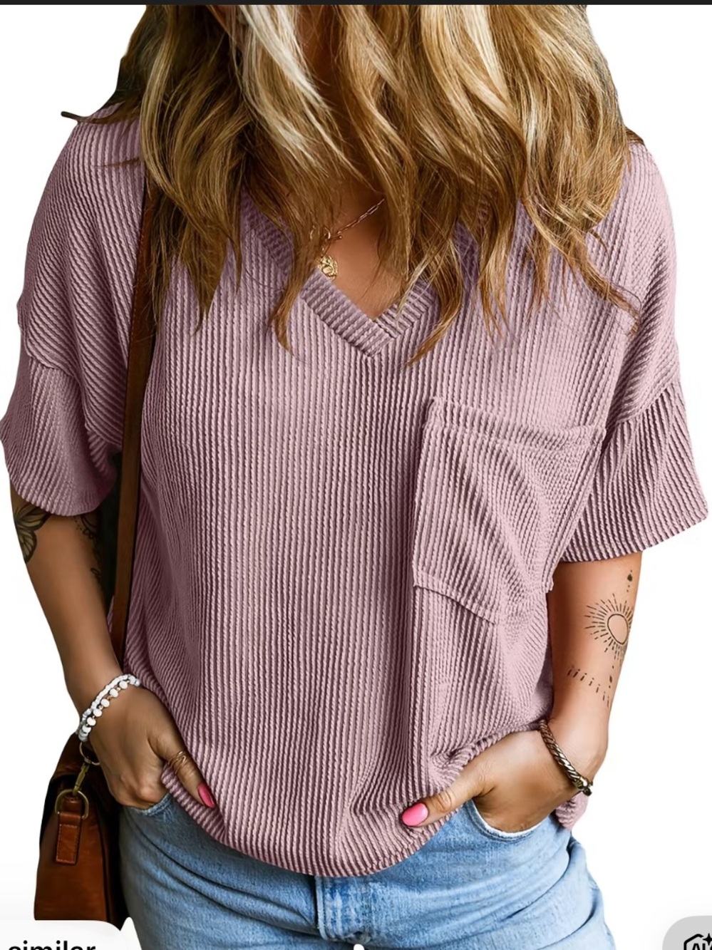 EVALESS Valerian Mauve Ribbed Knit Oversized V-Neck Top • Slouchy Pocket Tee